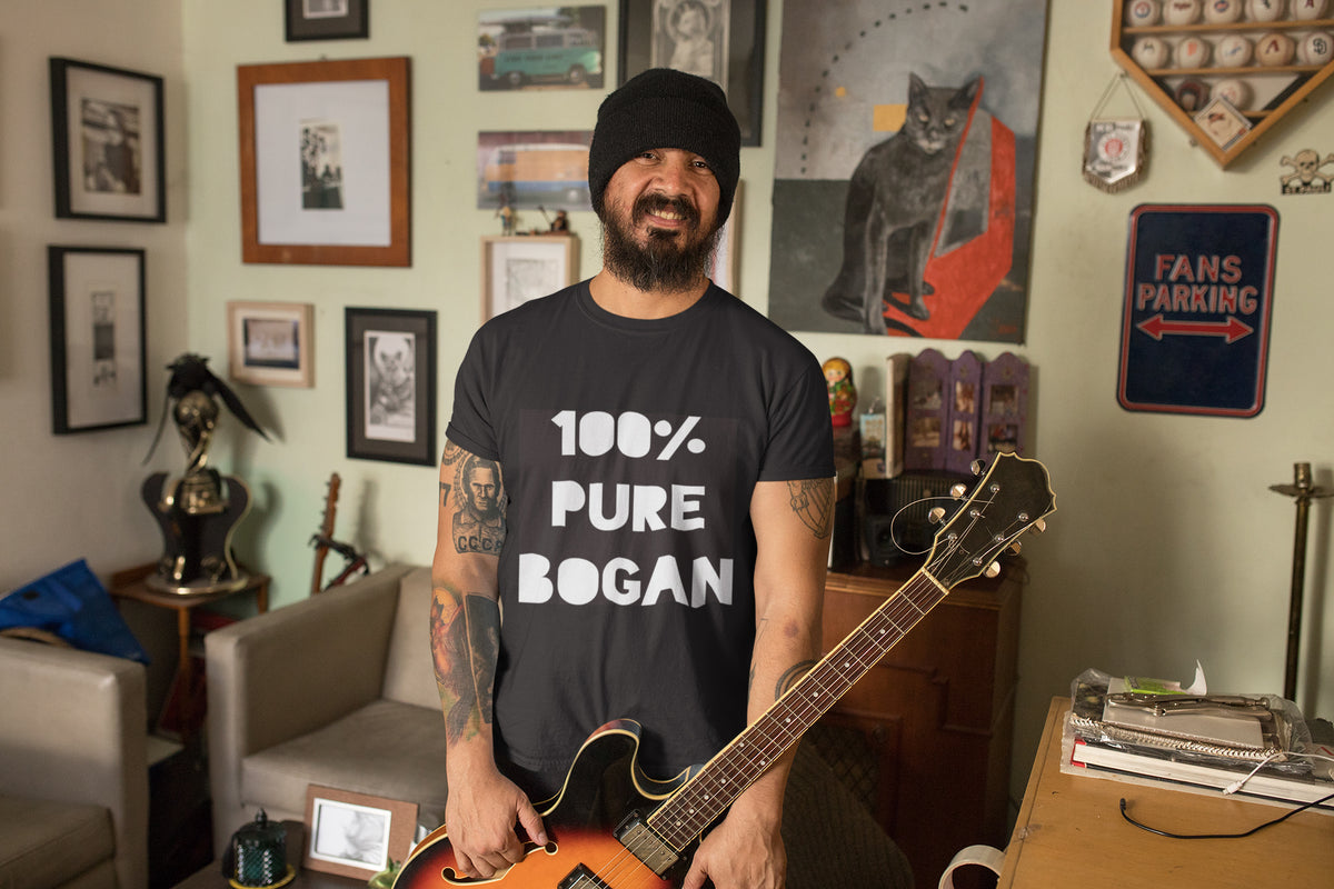 Man with guitar wearing black 100% Pure Bogan t shirt