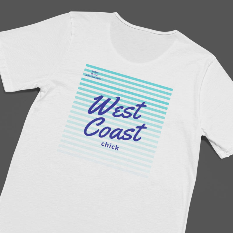 white women's t shirt with West Coast chick design on striped blue background