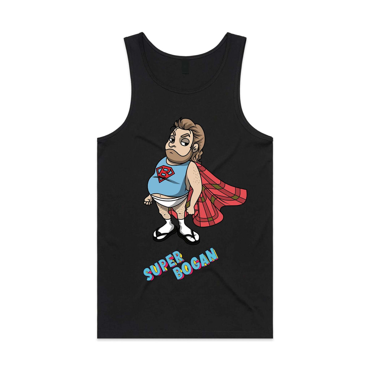 Men's black tank top with Super Bogan graphic design