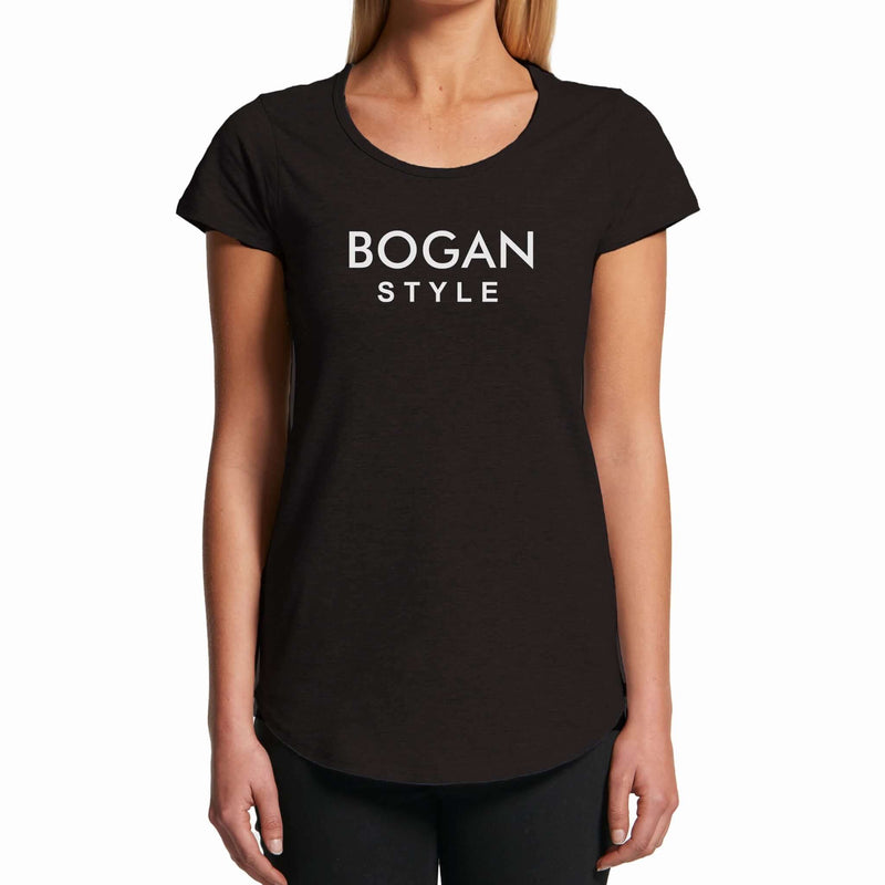 Black ladies t shirt with Bogan Style in white letters on the front