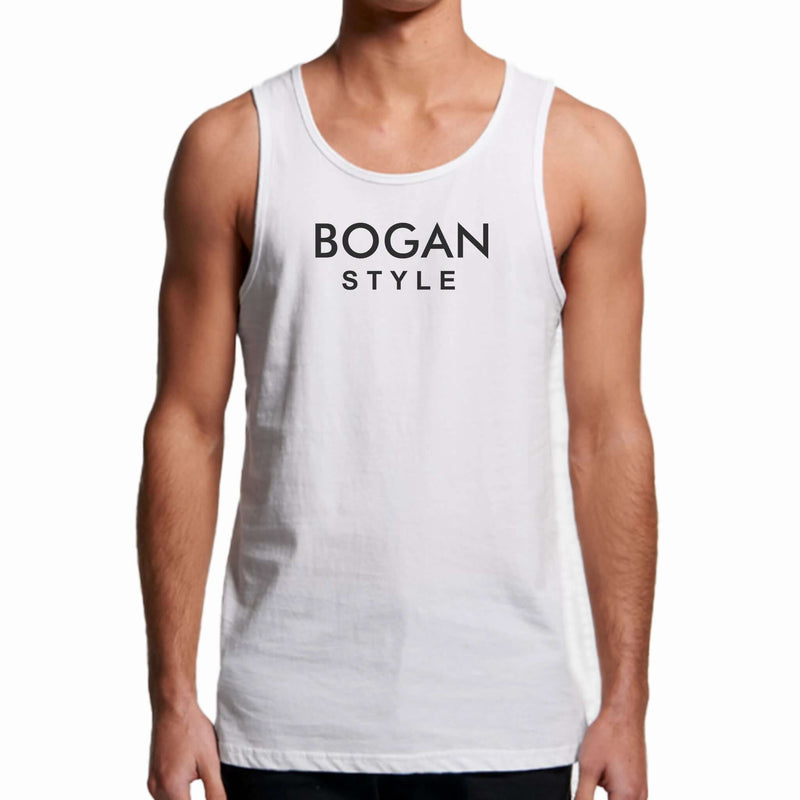 Man wears white Bogan Style tank top
