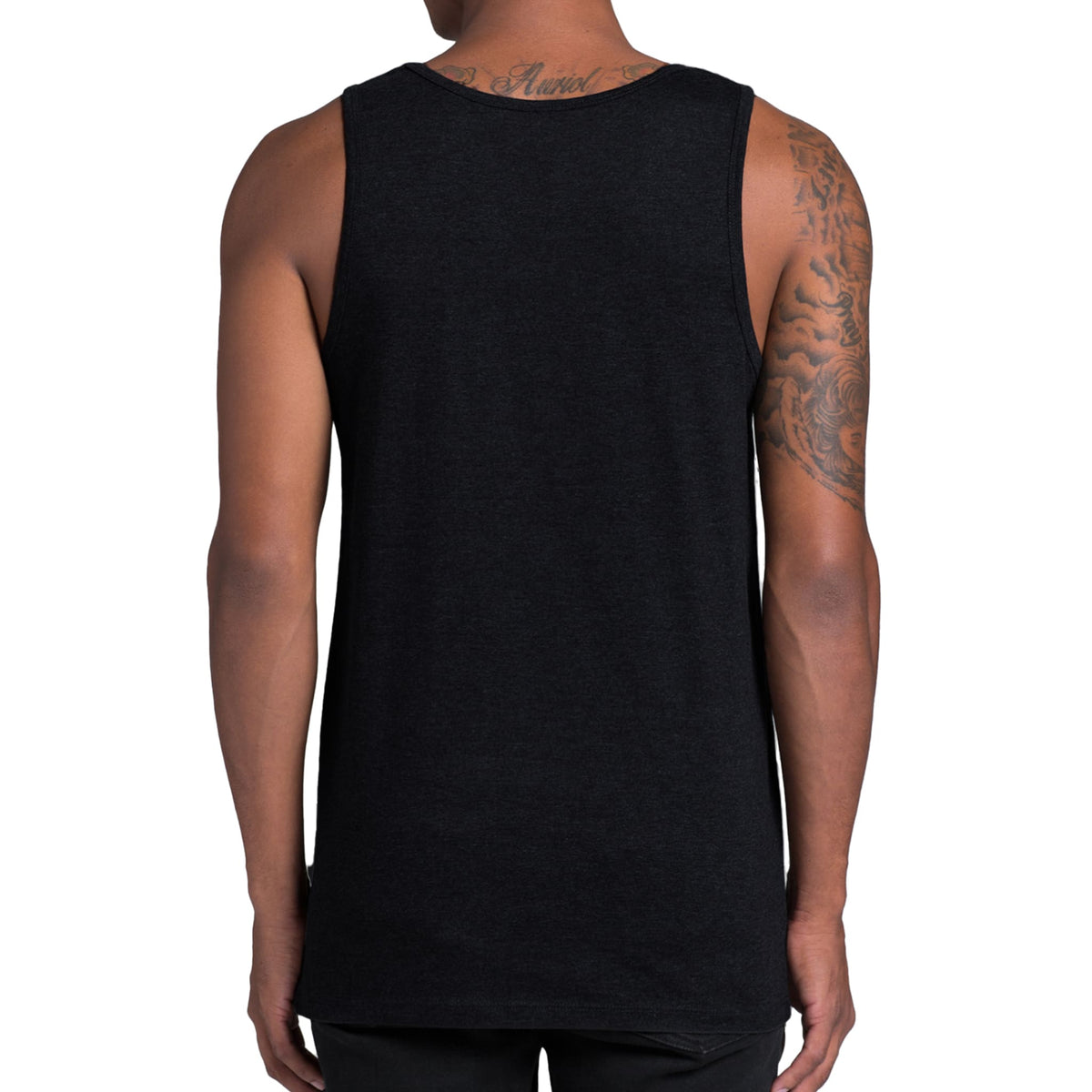 back view of man wearing black tank top