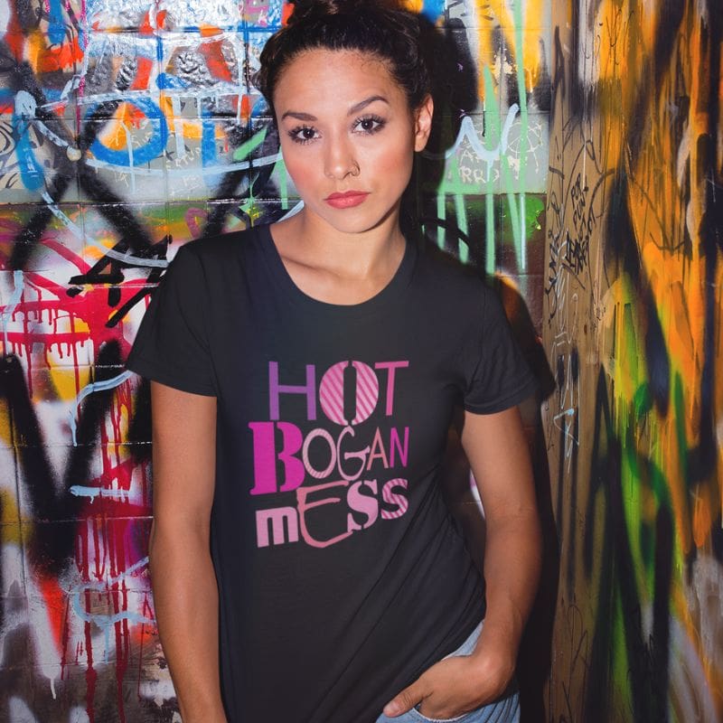 Woman wearing black t shirt with Hot Bogan Mess design on front