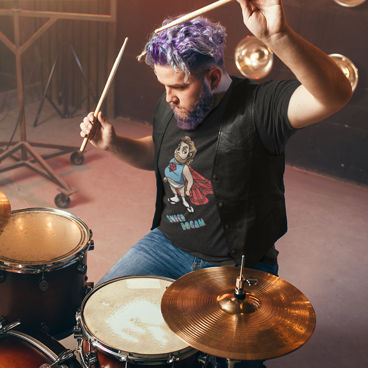 Dummer wears black t shirt with Super Bogan character