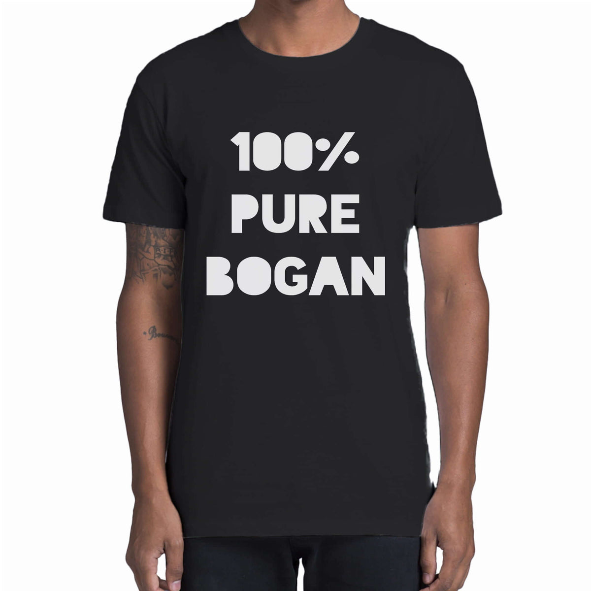 Model wears men's black tee with 100% Pure Bogan printed on the front.