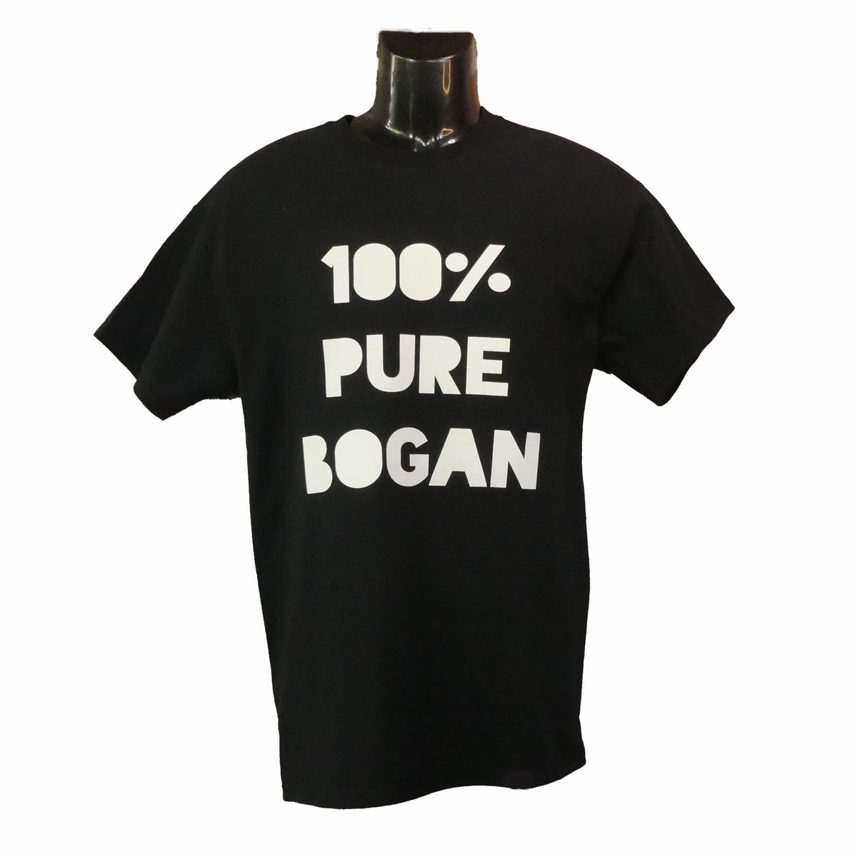 Men's black tee with 100% Pure Bogan in white letters on the front