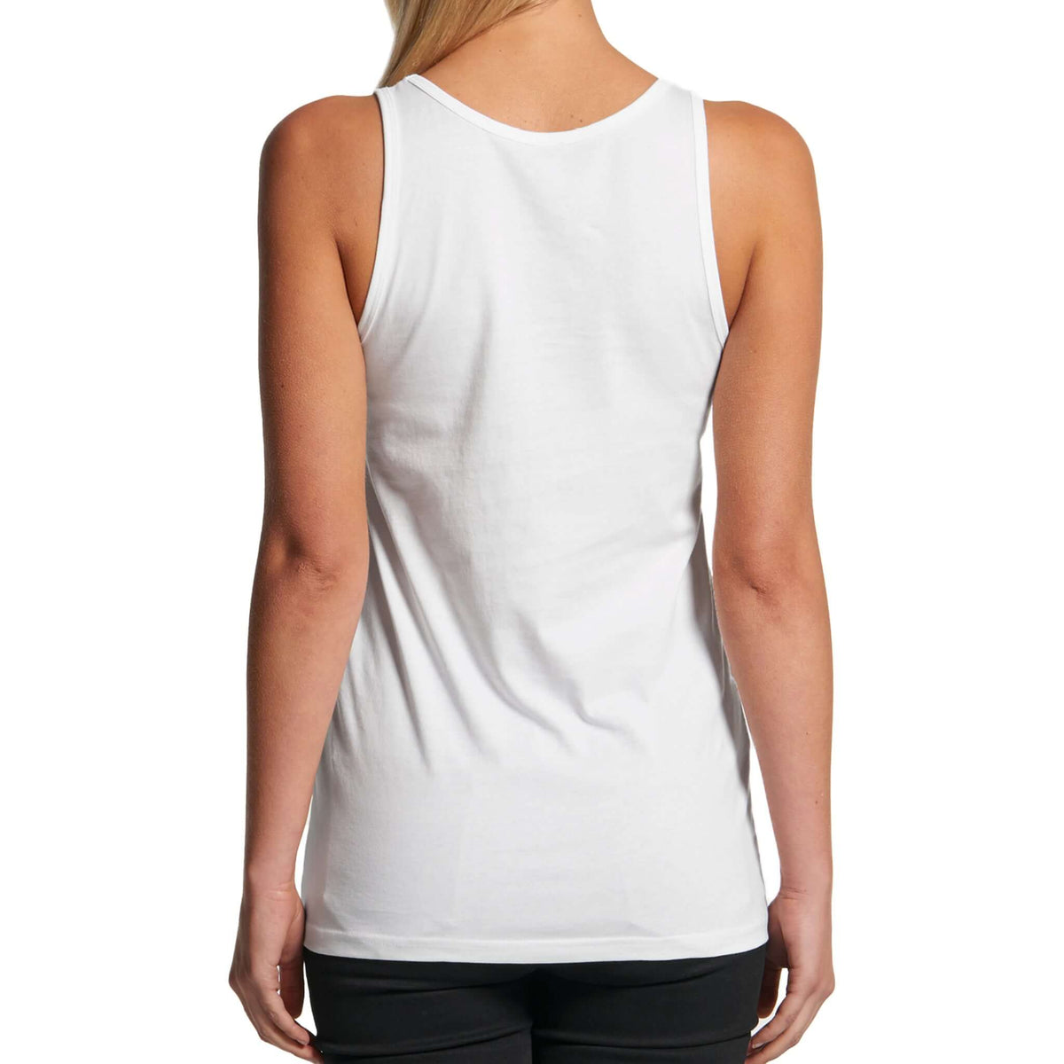 Model wears white tank back view