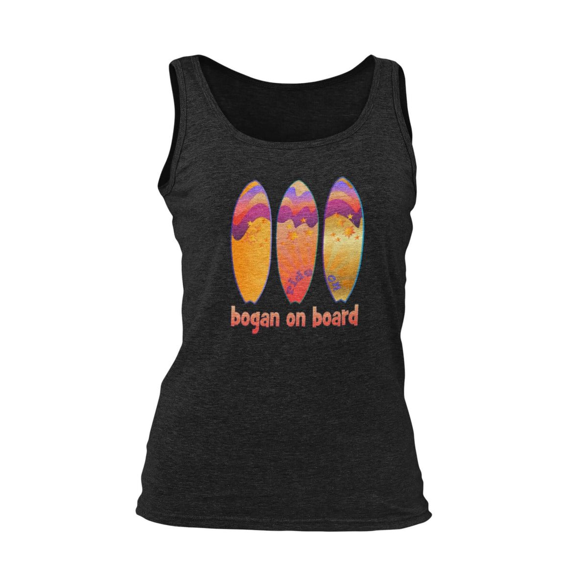 Black tank top with colourful Aussie surf design.