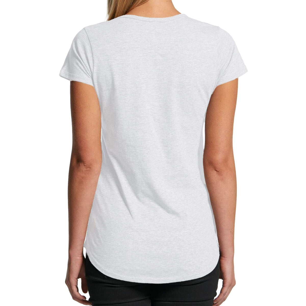 Back view of woman wearing white t shirt