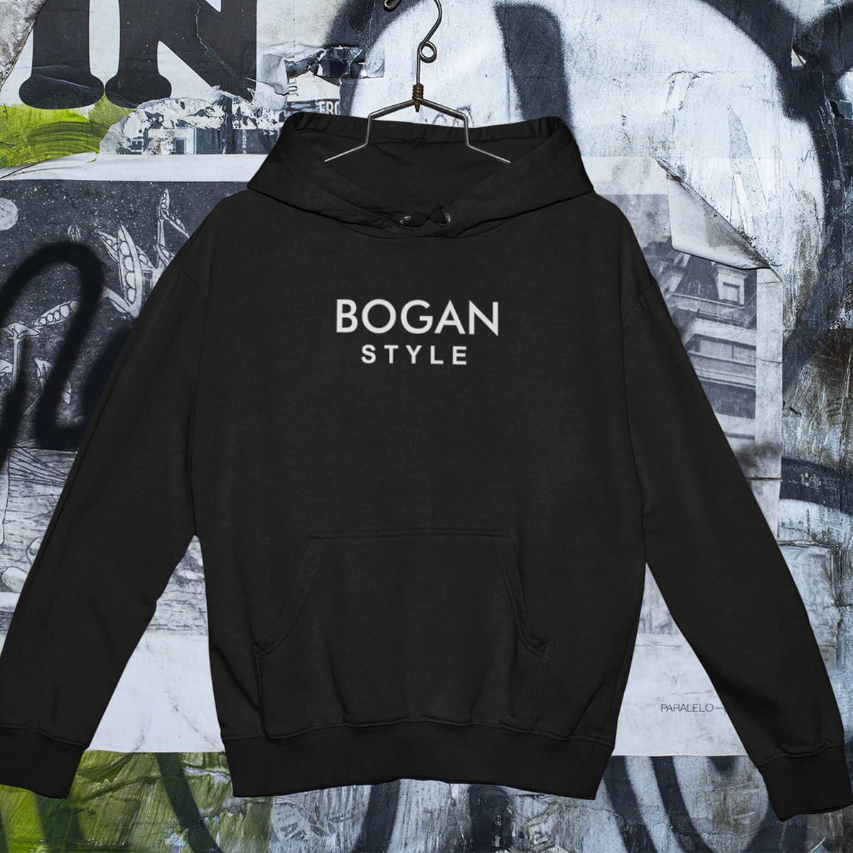 Men's black hoodie with Bogan Style printed on the front