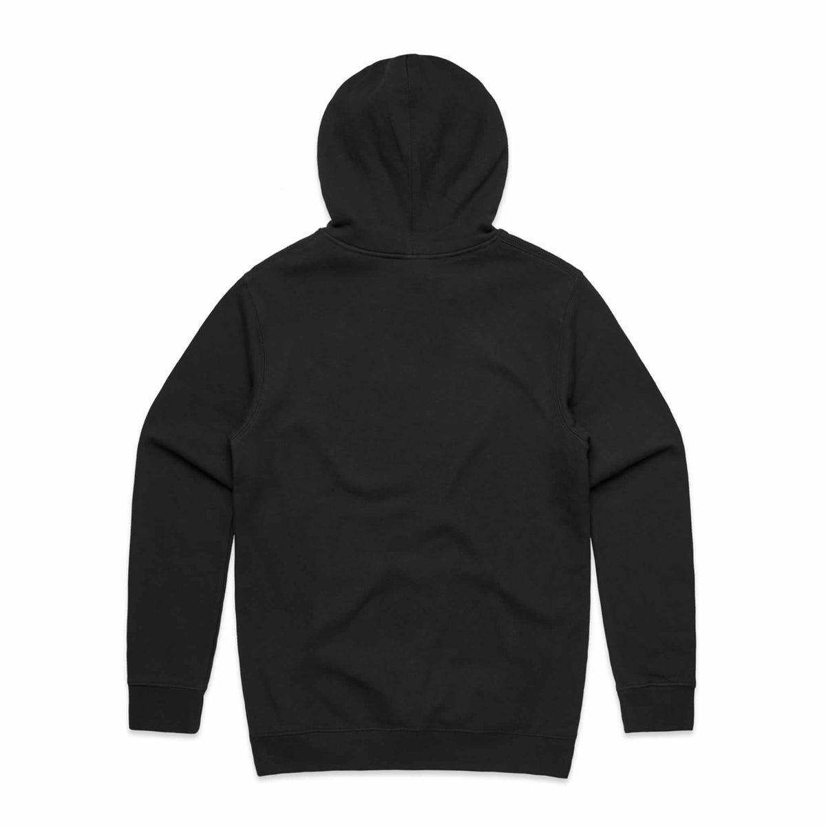 Back view of black hoodie laying flat