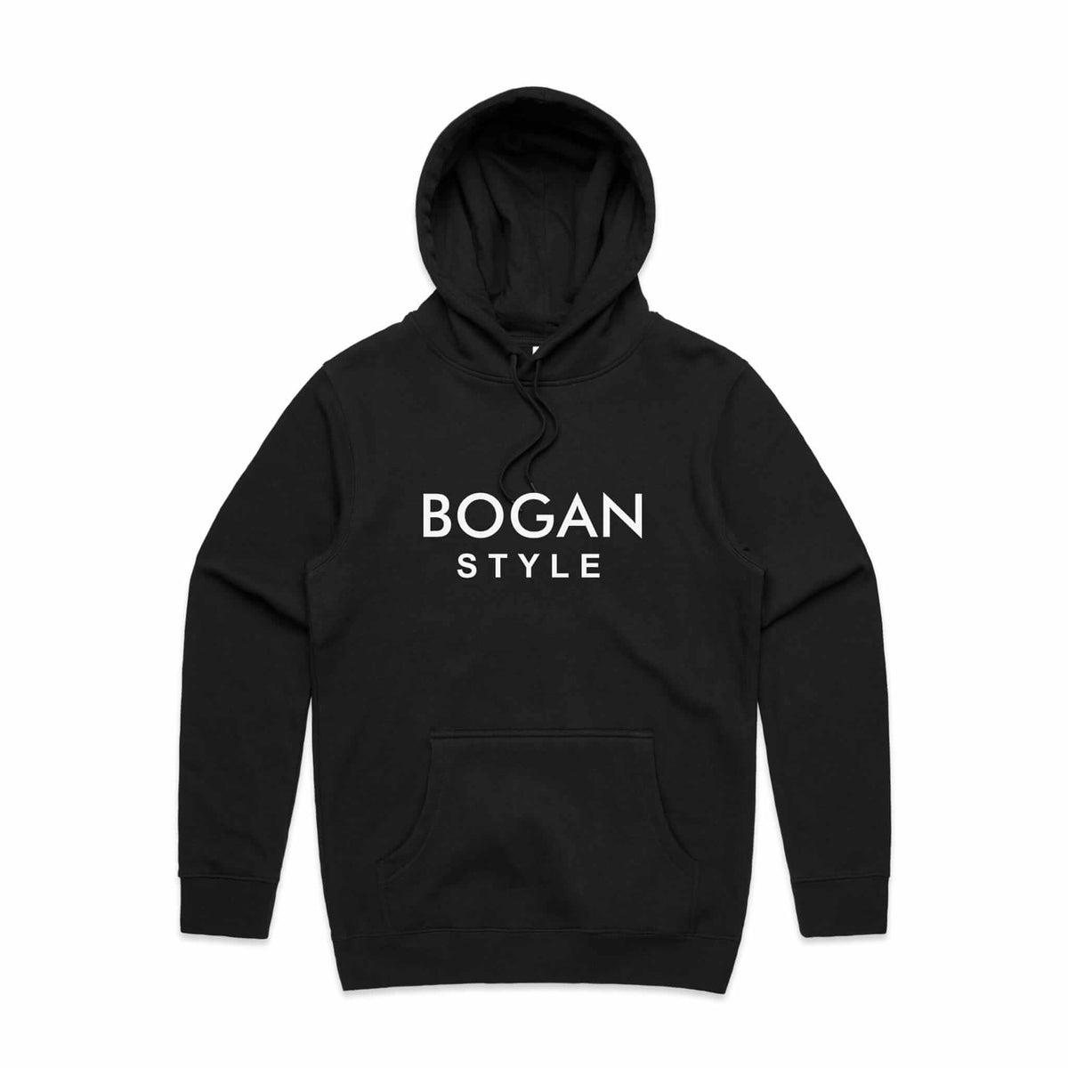 Black hoodie with Bogan Style printed on the front