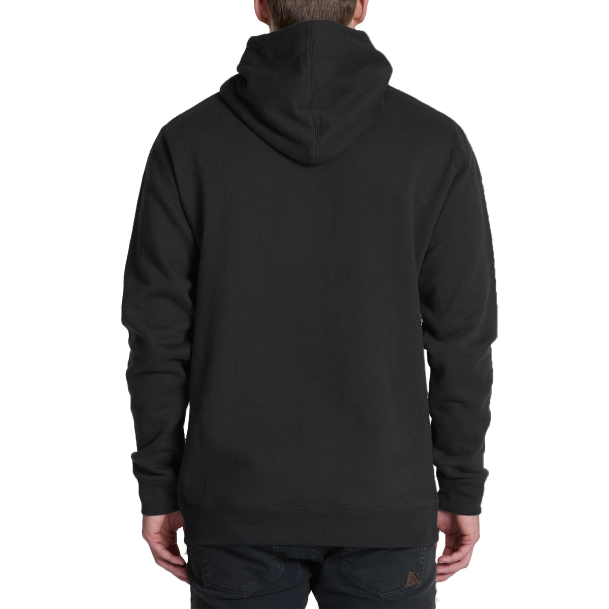 back view of model wearing black hoodie