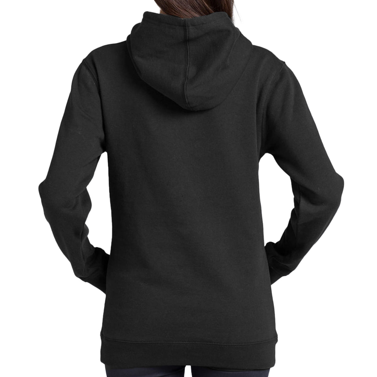 back view of model wearing a black hoodie