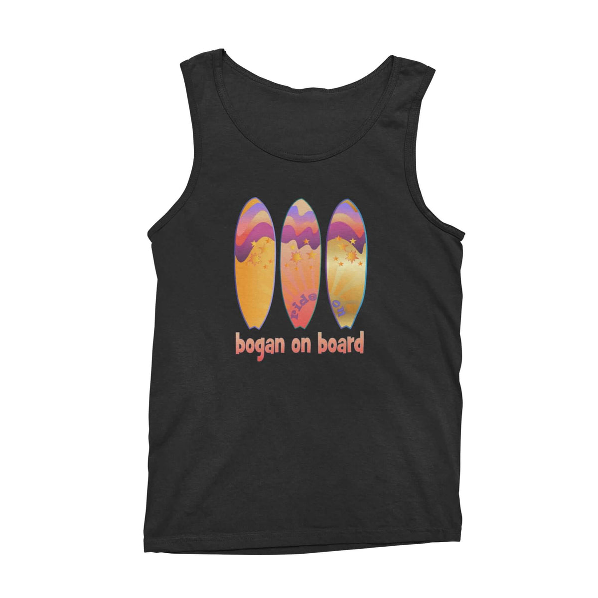 Black singlet with Bogan on Board surf design