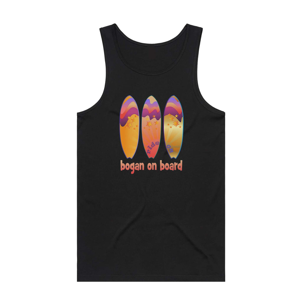 Graphic surf design on men's black singlet