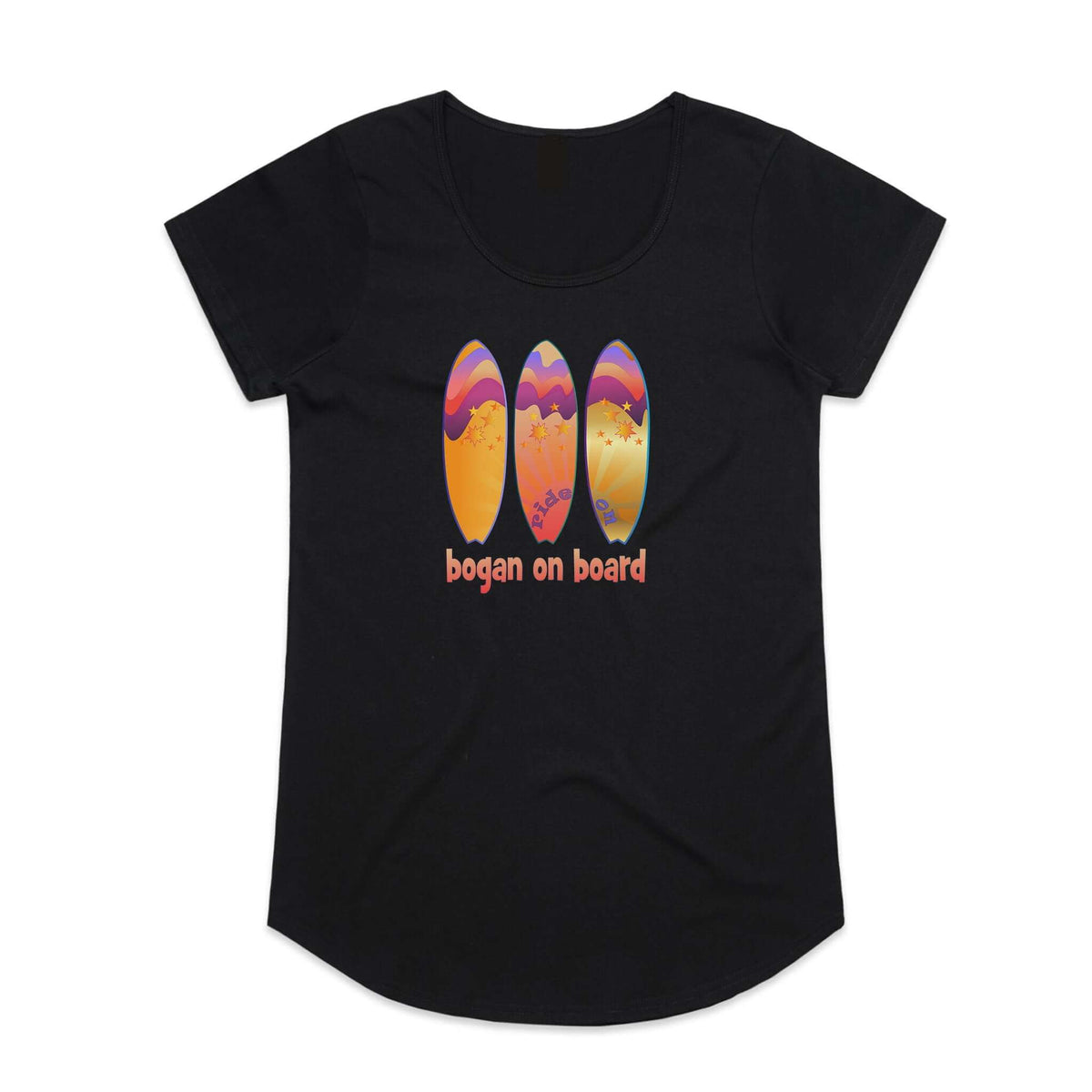 Women's black t shirt with Bogan on Board design featuring three brightly coloured surfboards.