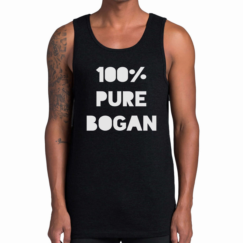  men's black tank top with 100% Pure Bogan printed on front