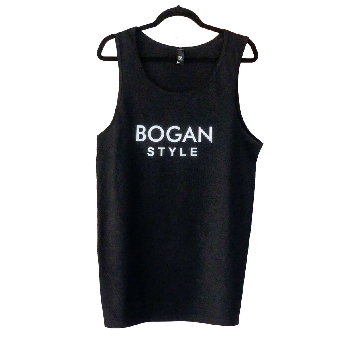 Black tank top on hanger with Bogan Style printed on the front