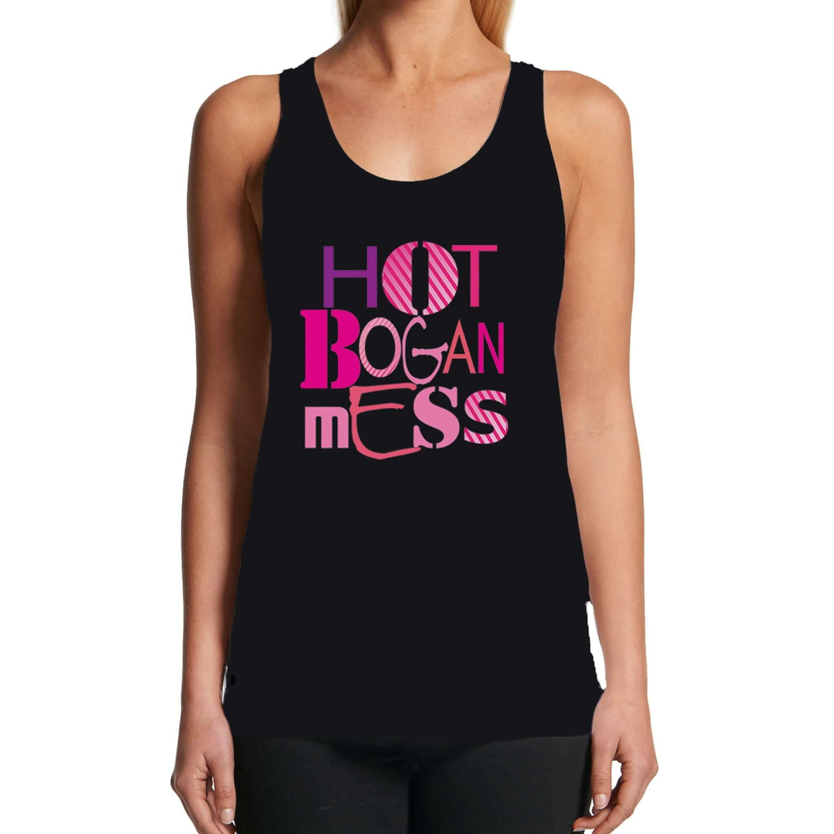 Black women's tank top with bright Hot Bogan Mess graphic design