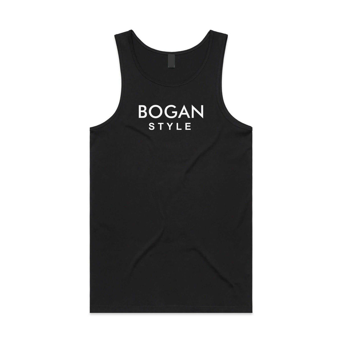 Men's black tank top with Bogan Style printed in white letters