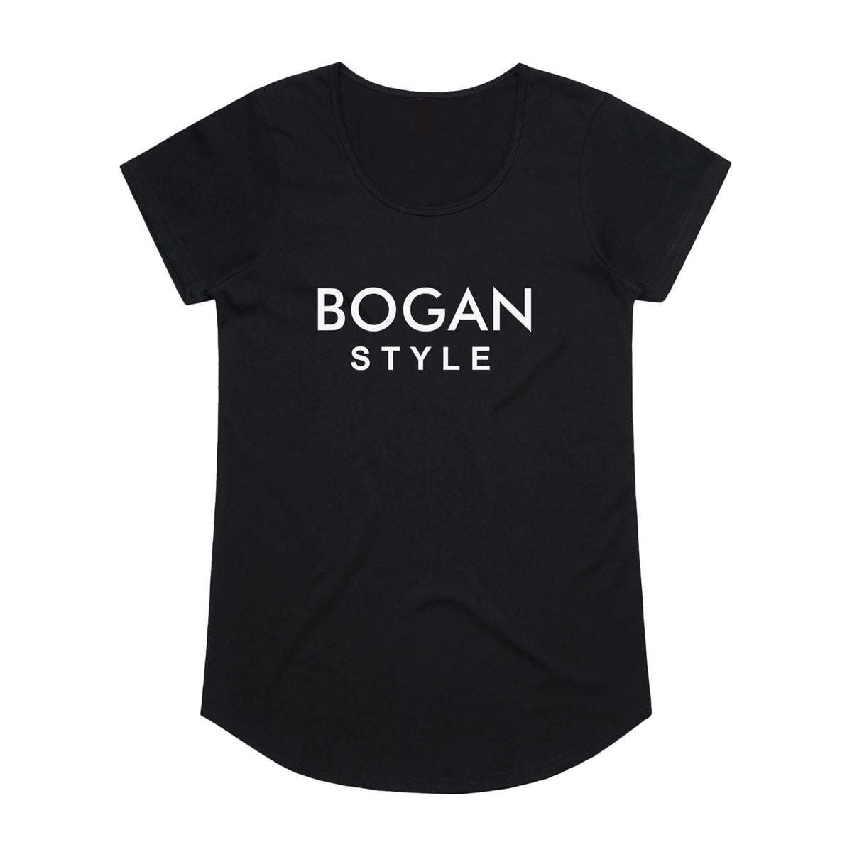 Black womens t shirt with Bogan Style in white letters on the front.