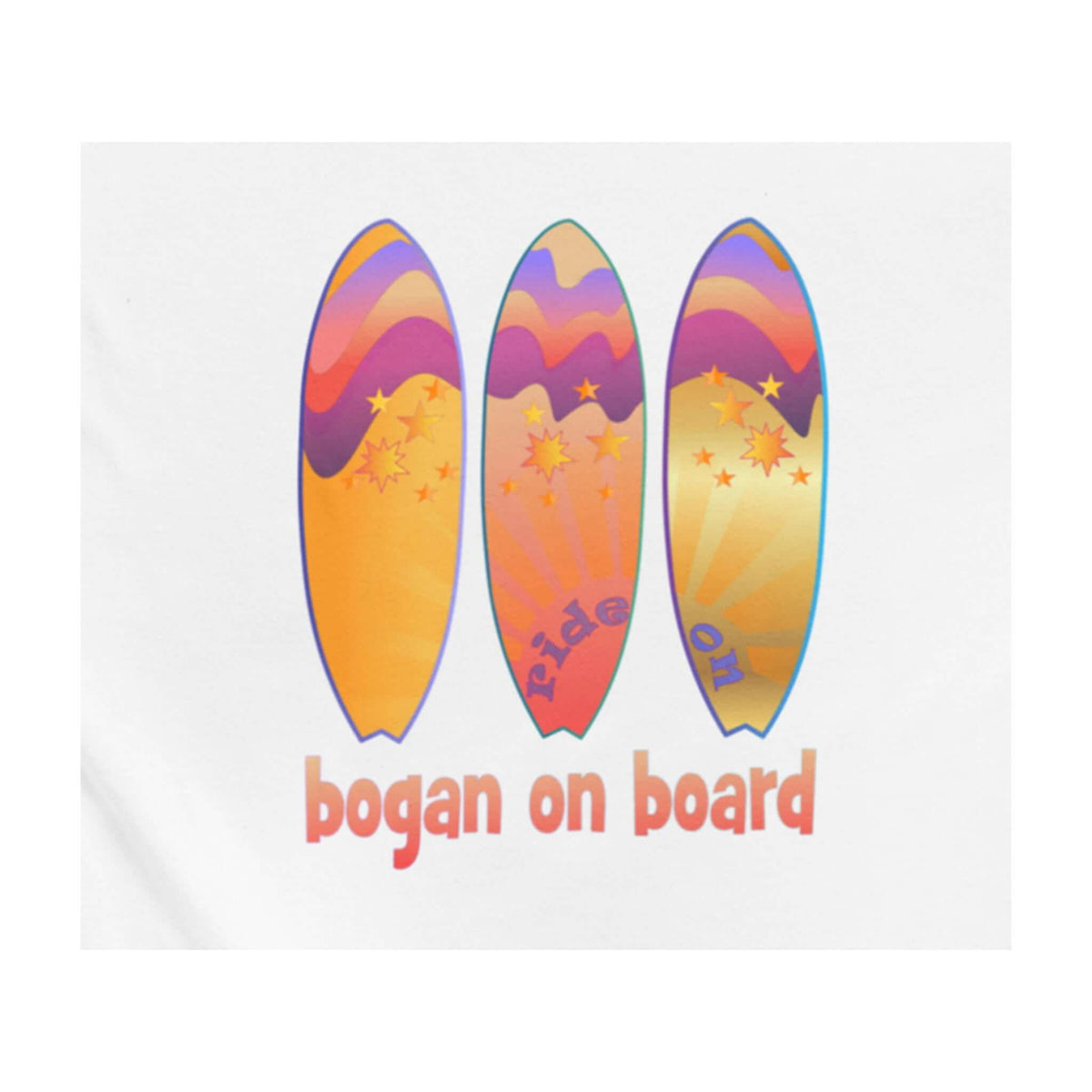 Aussie surf design depicting Bogan on Board with three surfboards