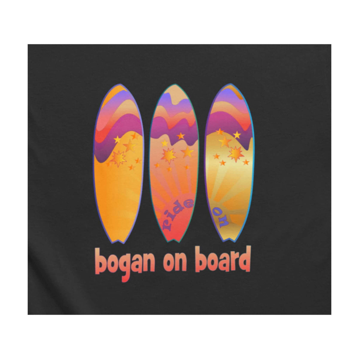 Bogan on Board graphic design featuring three brightly coloured surfboards on black.