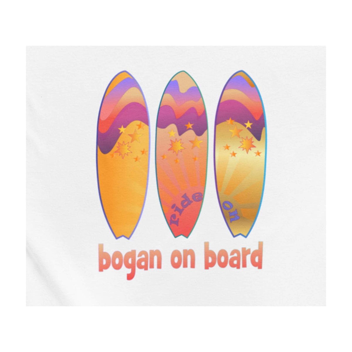 Bogan on Board graphic design featuring three brightly coloured surfboards on white