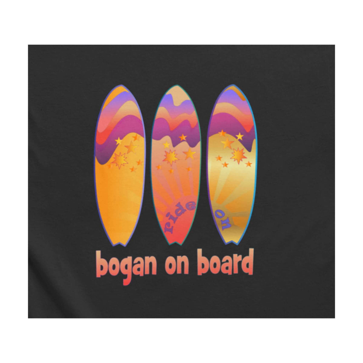 Brightly coloured Bogan on Board graphic surfboard design featuring three surfboards