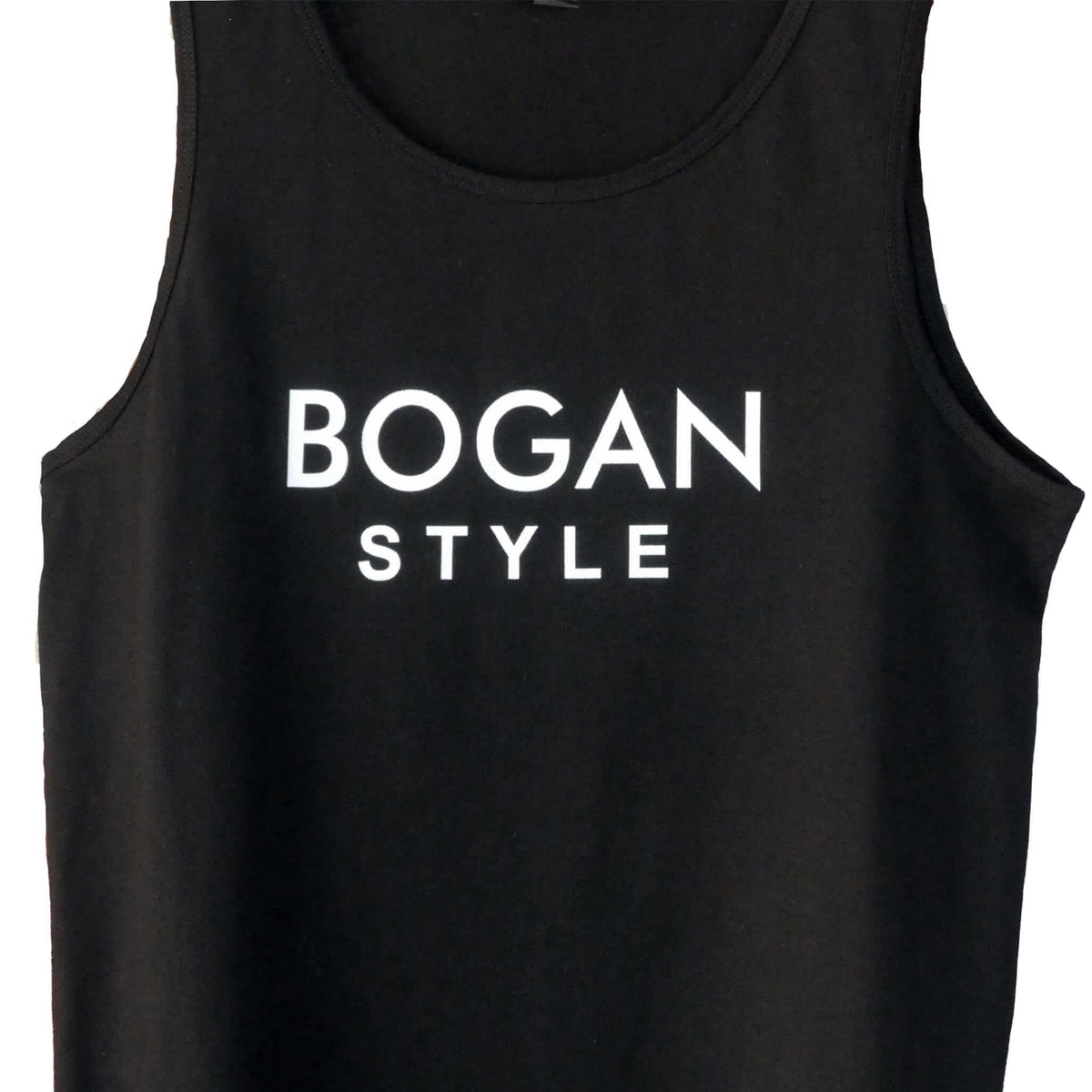 men's black singlet with Bogan Style in white letters on the front.