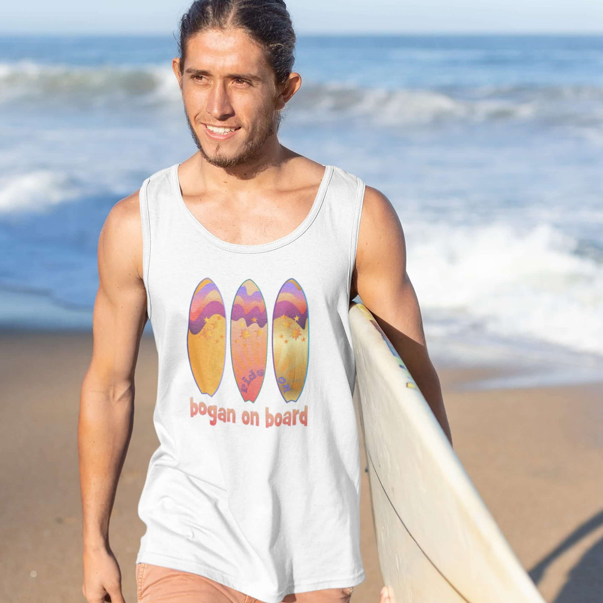 Man wears white tank top wth Bogan on Board surf design