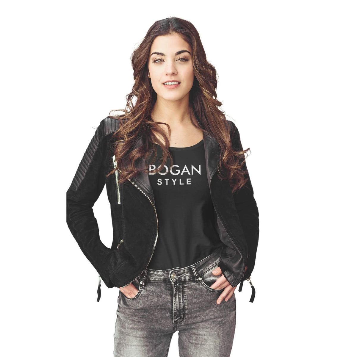 Attractive chick wearing black tee with Bogan Style on the front, teamed wth  a leather jacket and jeans