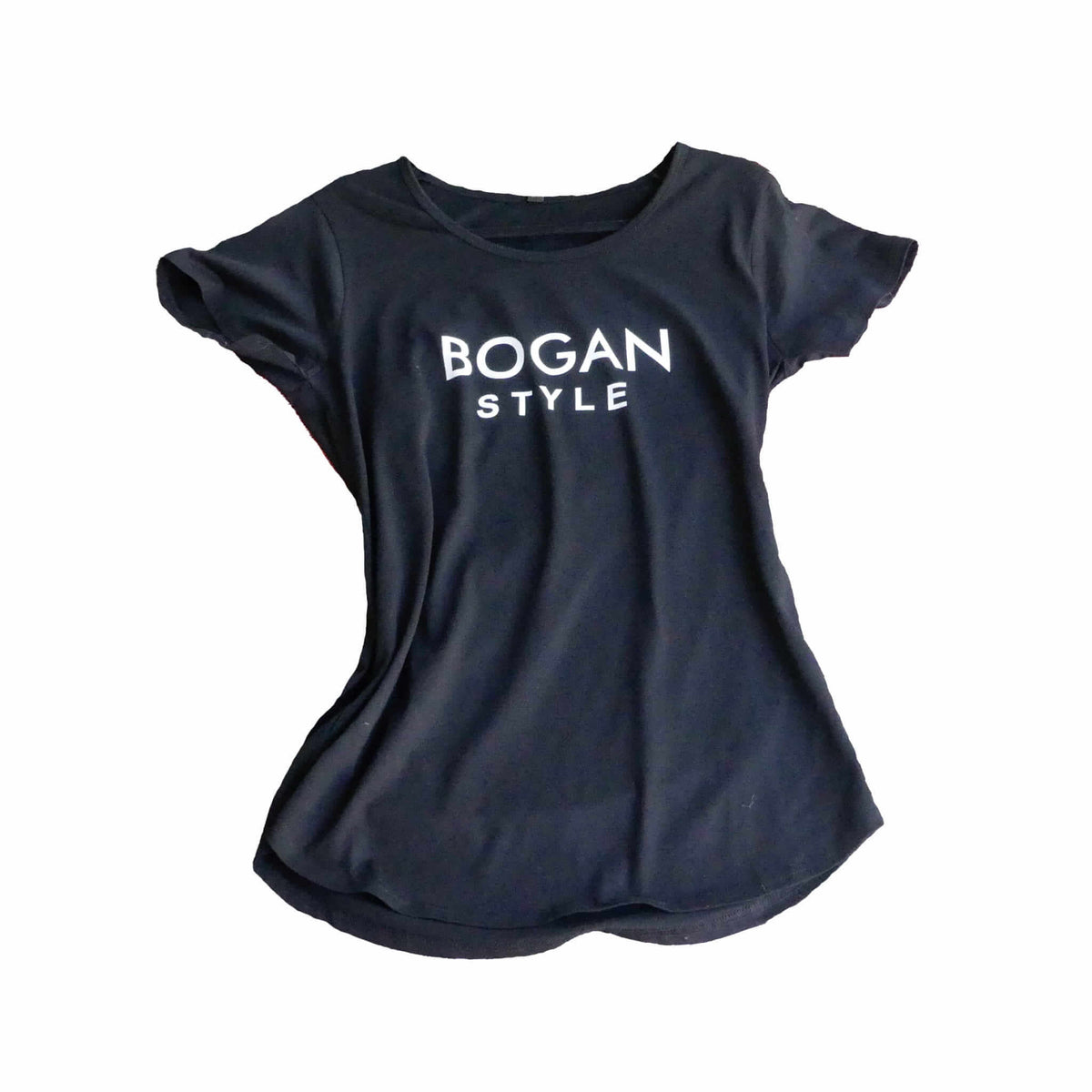 Womens scoop neck black t shirt with Bogan Style on the front