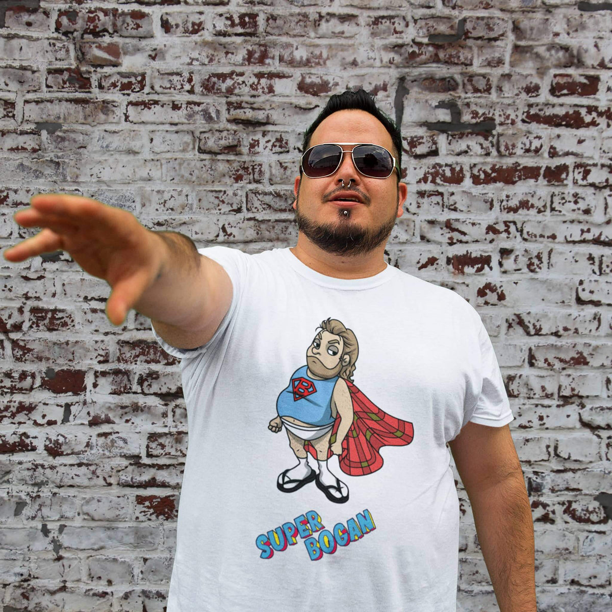 Large man wearing white t shirt with Super Bogan character graphic design