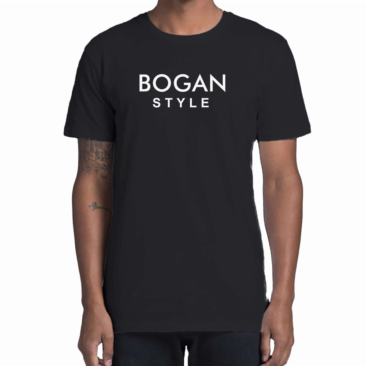 Model wearing black Bogan Style t shirt