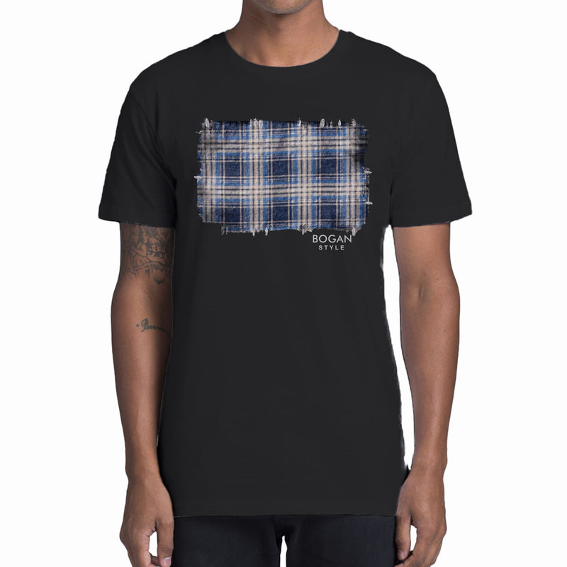 man wears black t shirt with flanno design