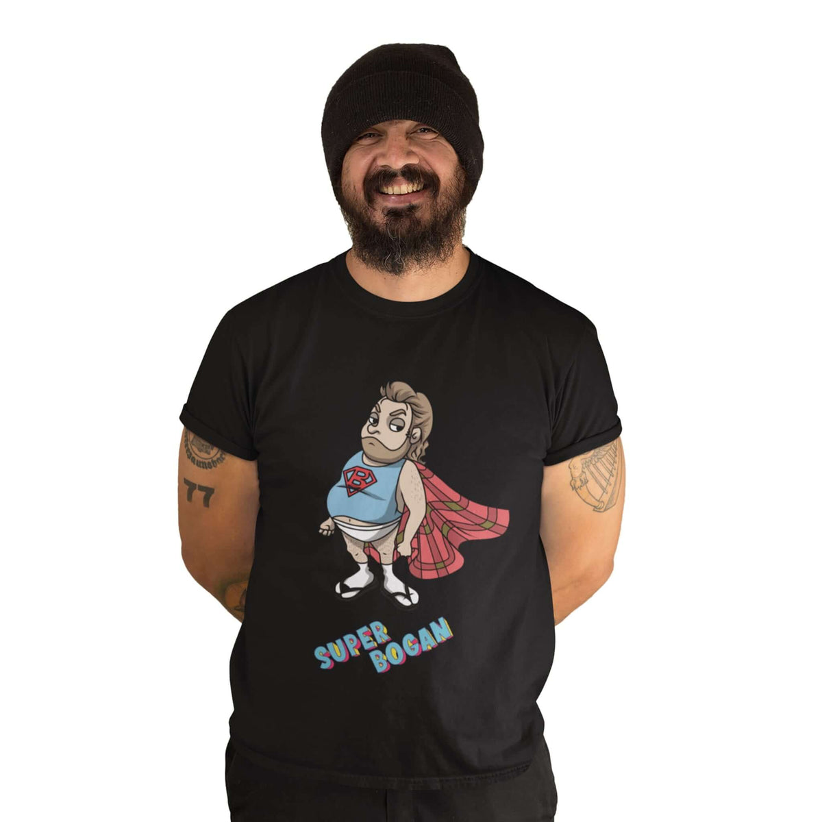 bearded guy wearing black t shirt with Super Bogan character design