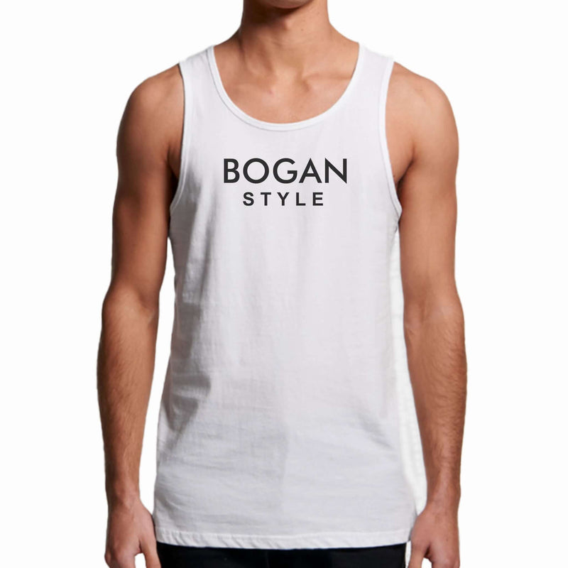 Man wears white Bogan Style tank top  
