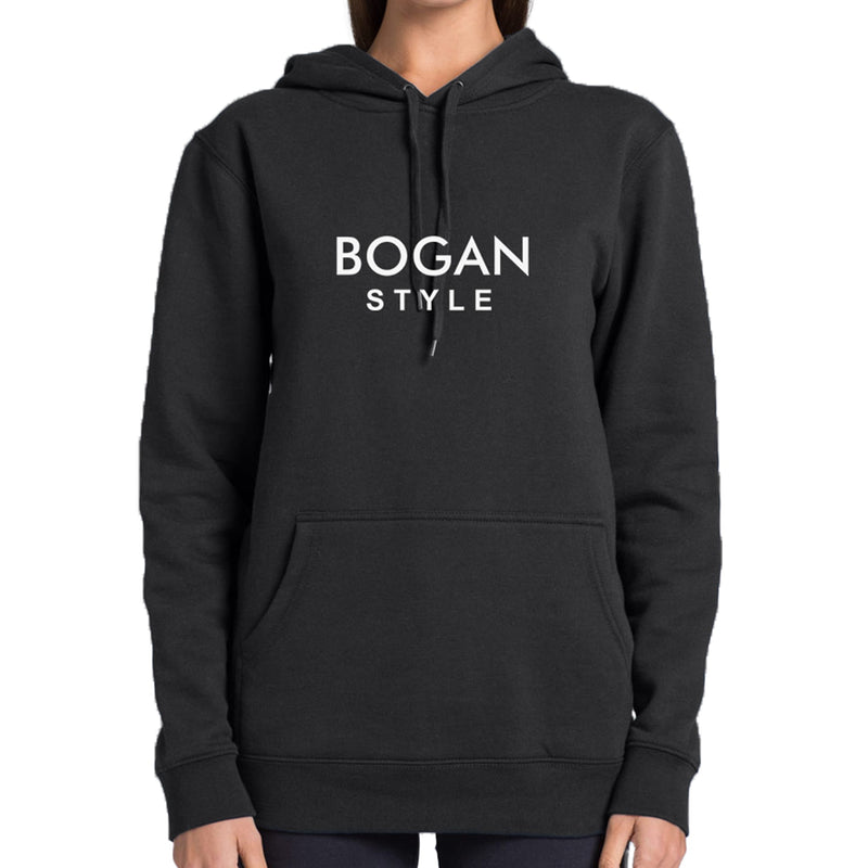 Women's Black Hoodie with Bogan Style in white letters on the front