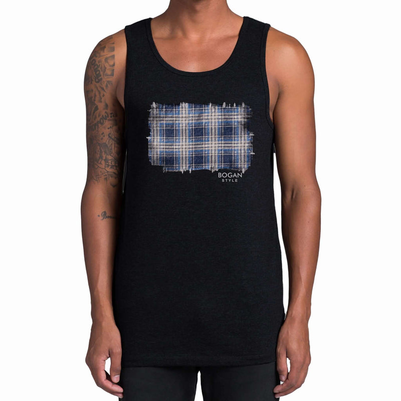 model wearing black tank top with flanno design on the front