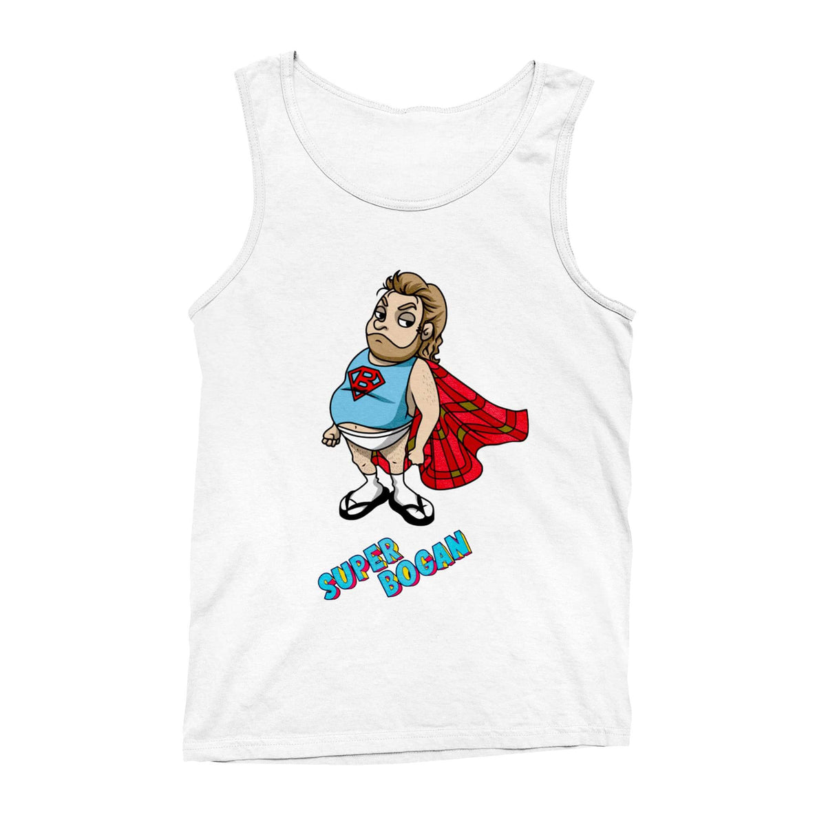 Men's white tank top with Super Bogan character on the front