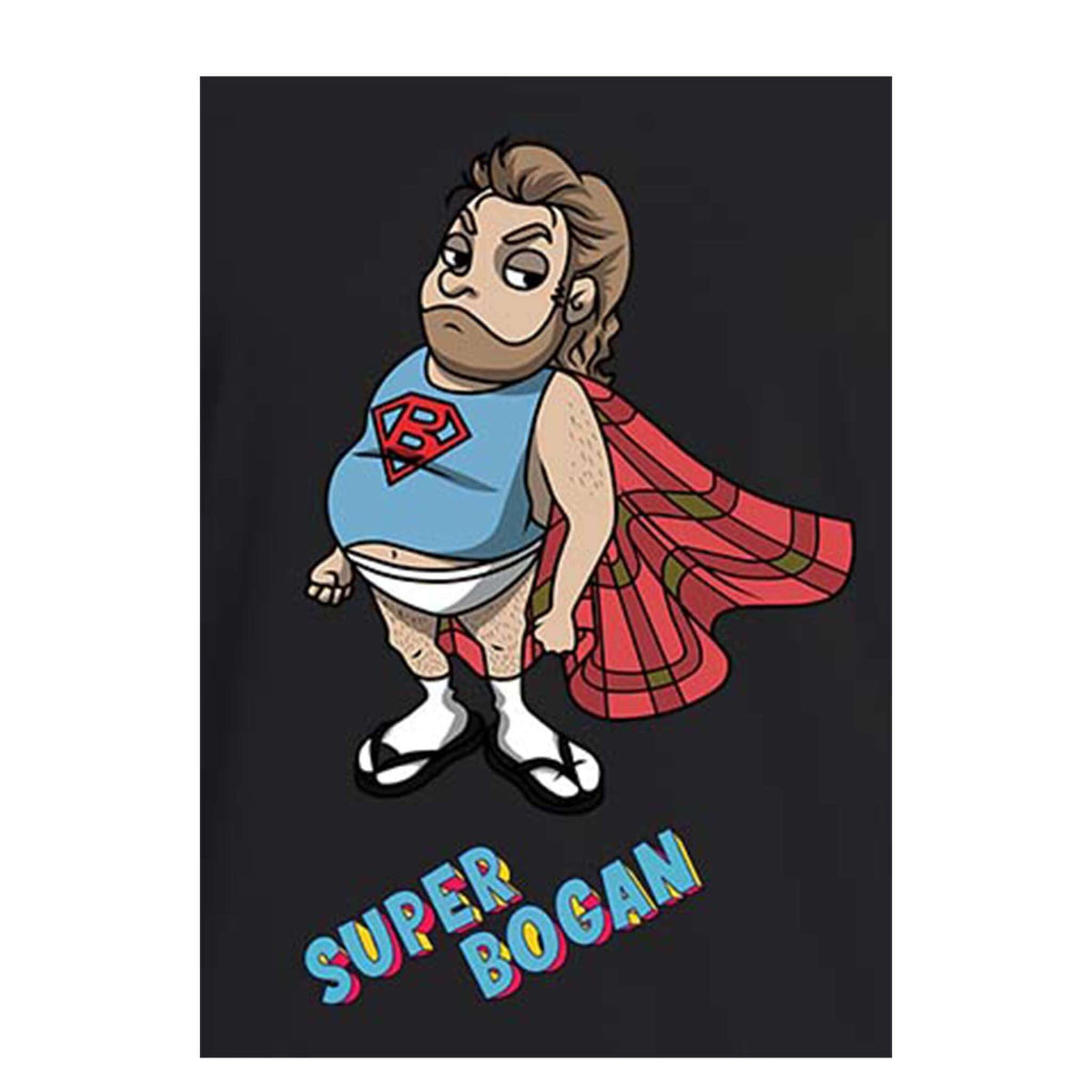 Super Bogan has beer gut and wears thongs with sandals