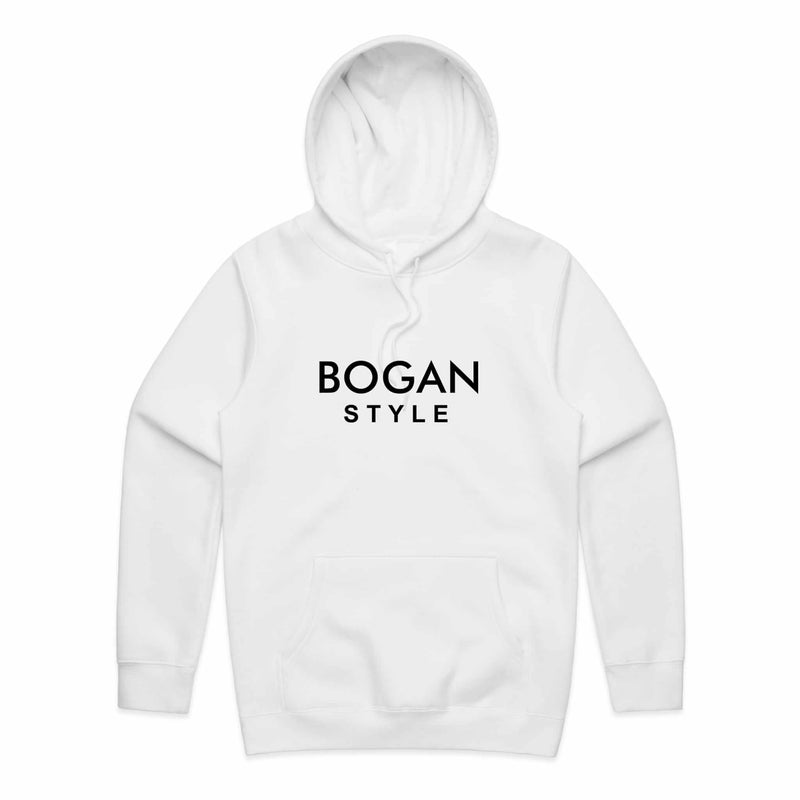 White hoodie with Bogan Style printed on the front. 