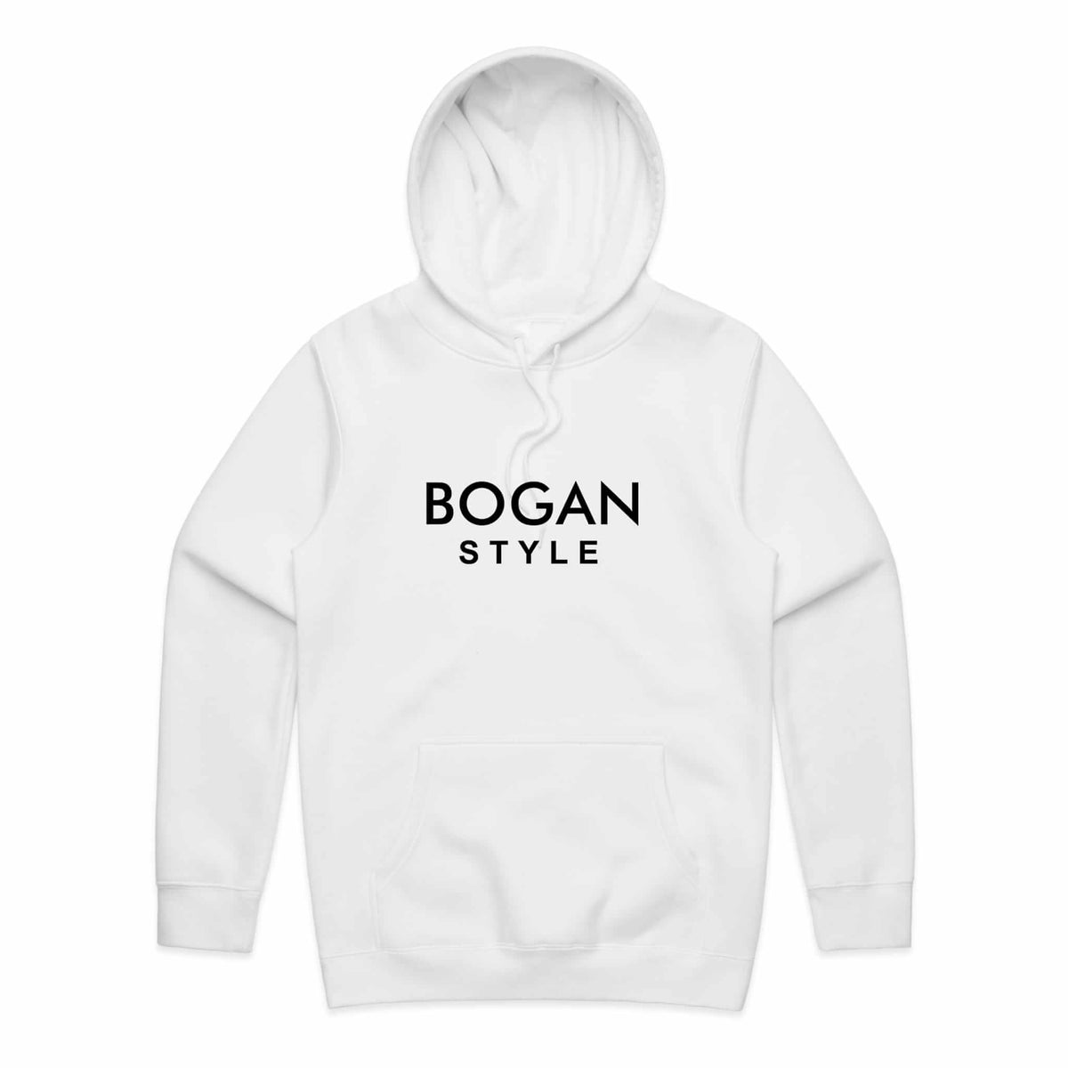 White hoodie with Bogan Style printed on the front. 