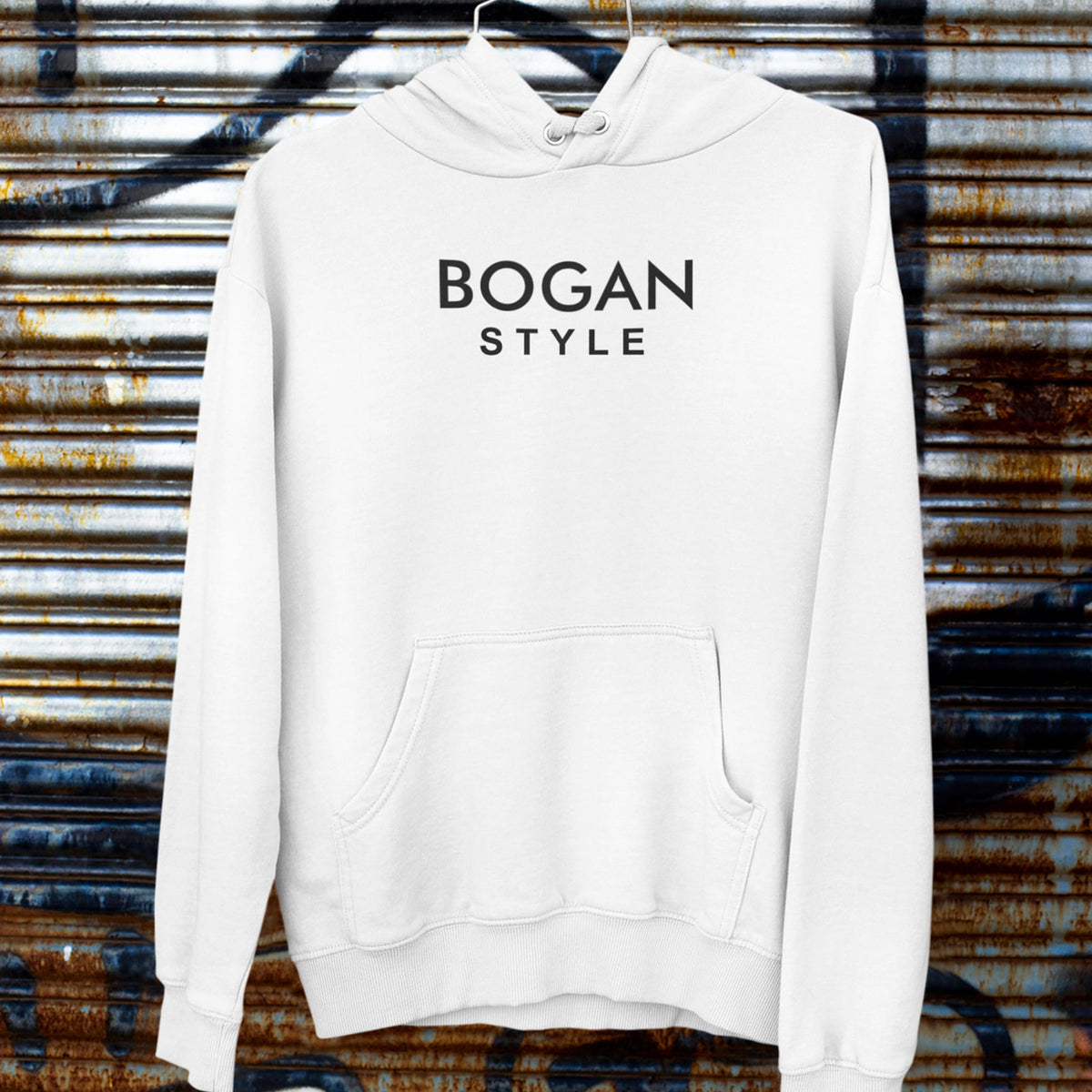 White hoodie on a hanger with Bogan Style printed on the front