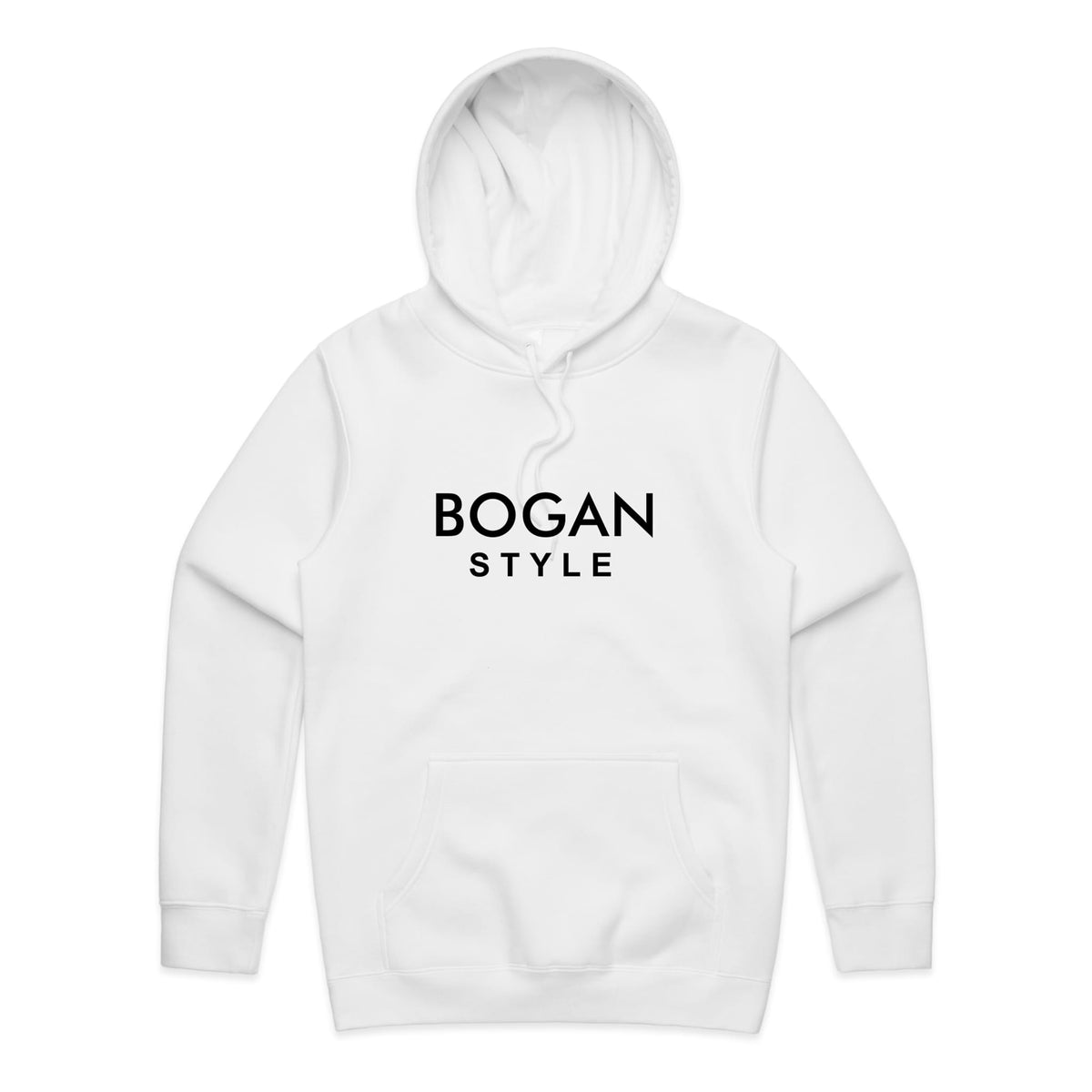 white hoodie with Bogan style printed on the front.