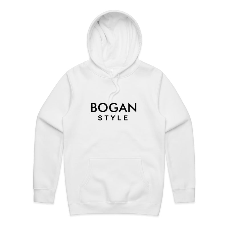 white hoodie with Bogan style printed on the front.