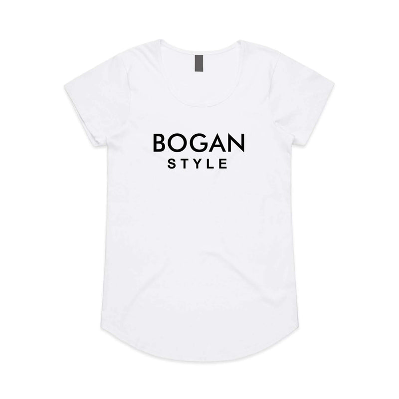 Ladies white t shirt with Bogan Style printed on the front