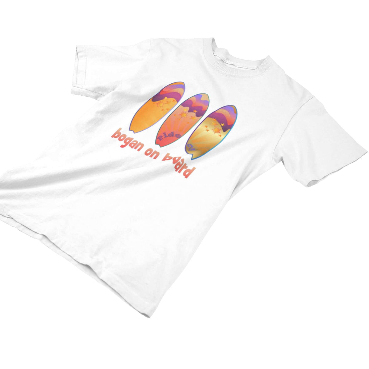 white tee with Bogan on Board surfboard design